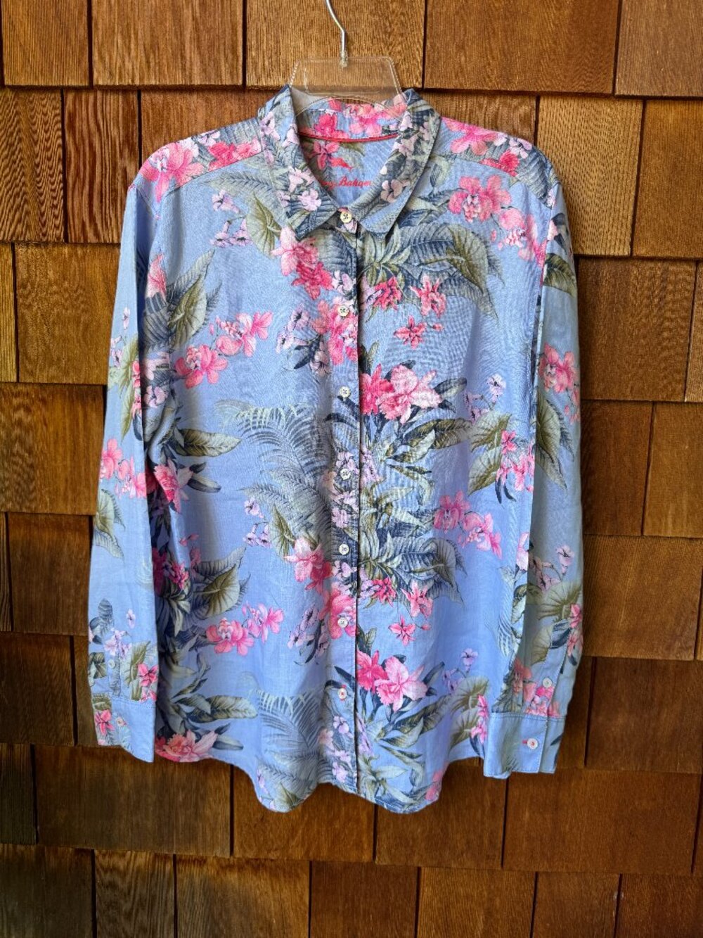 Tommy Bahama Blue Tropical Print Linen Long Sleeve Shirt in Women's X-Large
